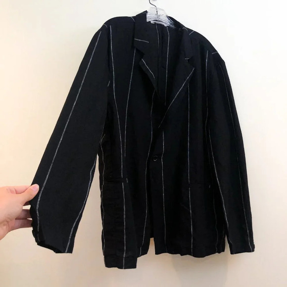 DEPT. ANONYM 100% Linen Black Striped Collared V Neck Classic Lightweight Blazer - Picture 3 of 11